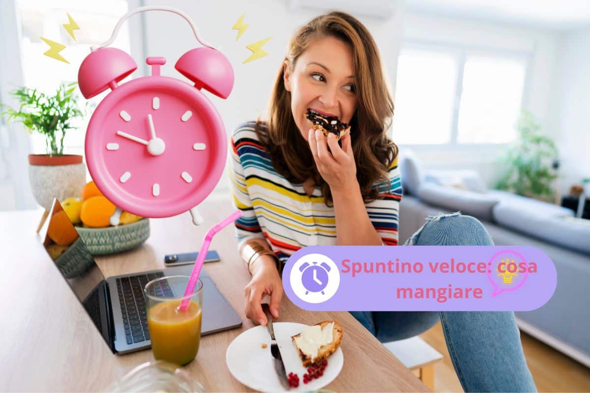 Ragazza che mangia uno spuntino in fretta